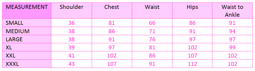 Kameez Measurement Chart