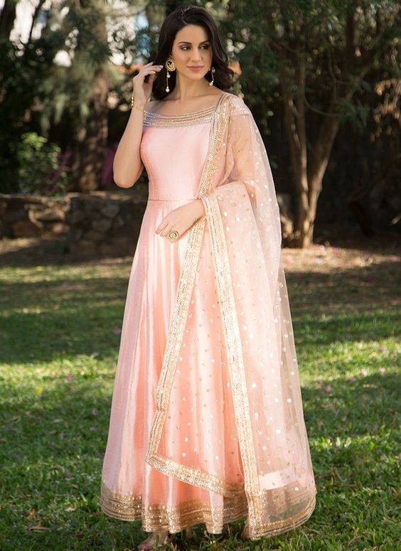 Buy Light Coral Pink Pearl Embroidered Net Bridal Gown Online | Samyakk