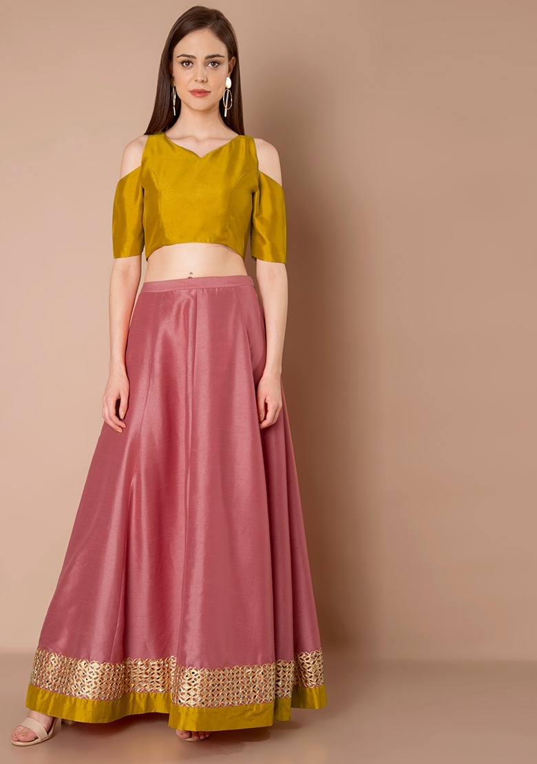 Women Green & Mustard Floral Anarkali Skirt With Crop Top