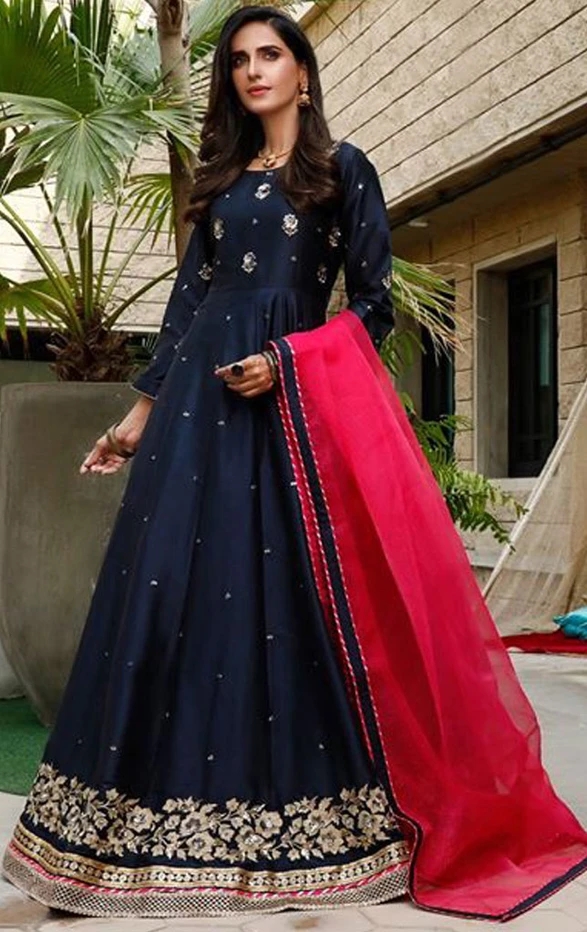 Buy Blue And Red Color Long Dress With Dupatta Online on Fresh Look Fashion