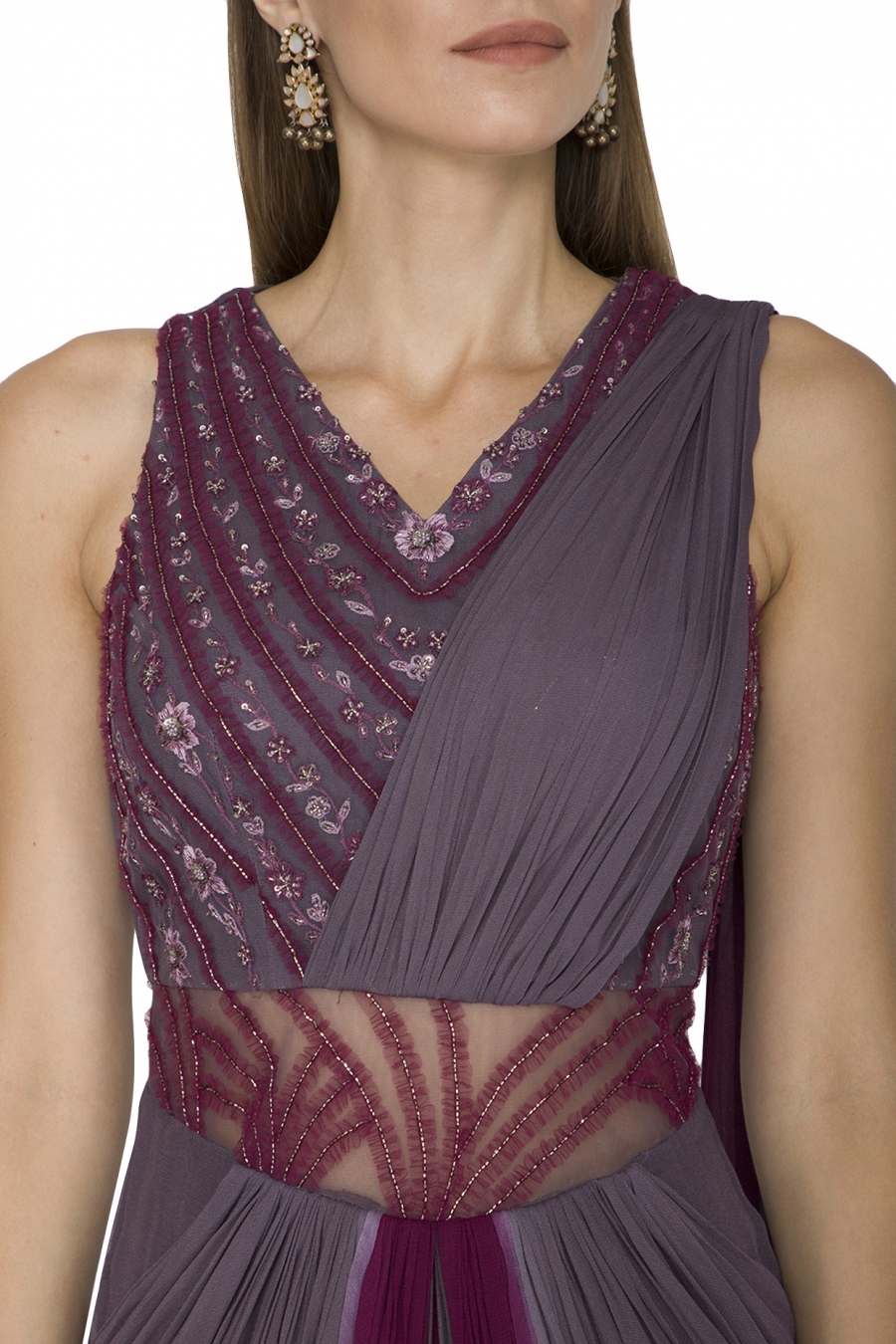 Maroon cocktail saree gown by Rohit Gandhi + Rahul Khanna
