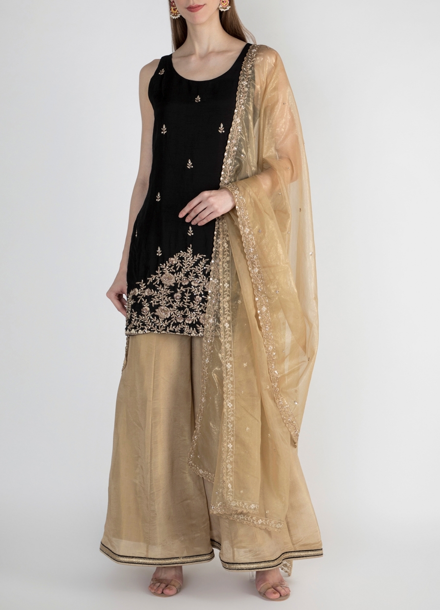 Yellow / Black Glaze Cotton Palazzo Salwar Suit (L & XL), FLARED PANT SUIT  #25270 | Buy Palazzo Suit Online