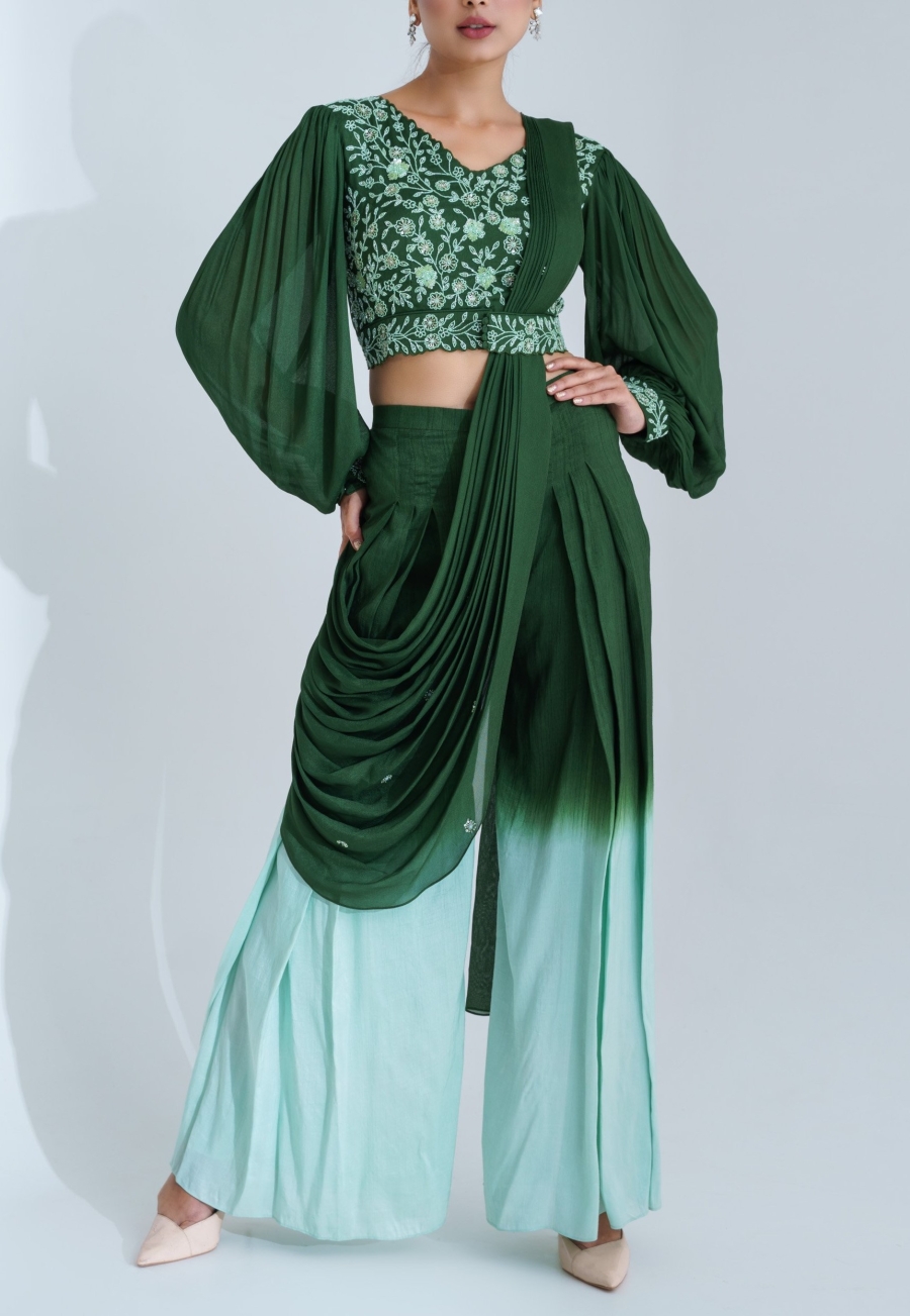 Buy Green And Blue Plazo Saree Online on Fresh Look Fashion