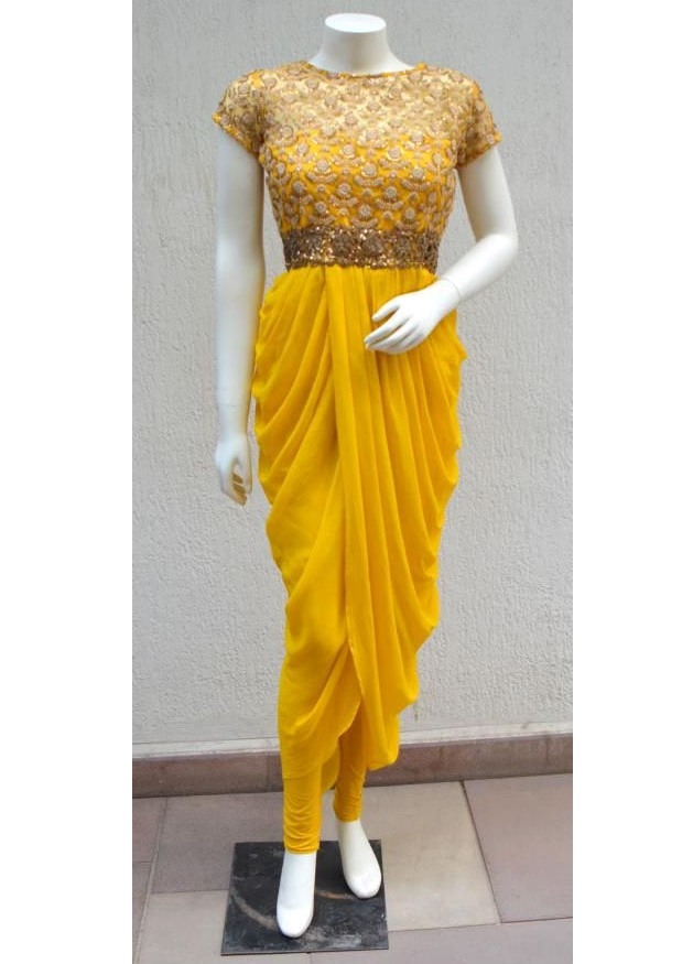 Yellow Dhoti Style Suit With Printed Jacket