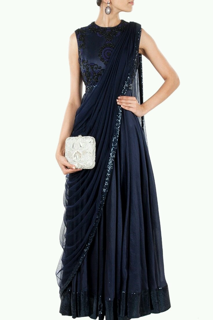 Shop Navy Blue Ruffle Drape Saree Set Online in USA – Pure Elegance