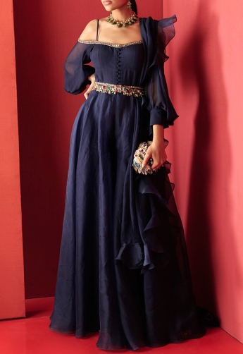Midnight Blue Embroidered Gown With Attached Dupatta – SeemaThukral-hdcinema.vn