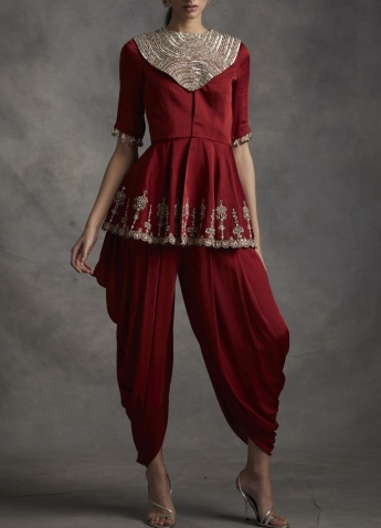 Deep Red Peplum Kurta With Dhoti Pant Set