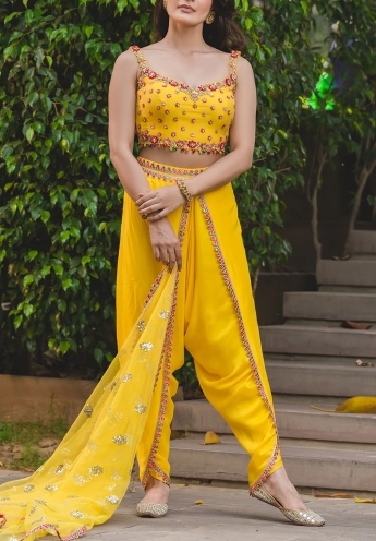 Yellow Crop Top With Dhoti Pant