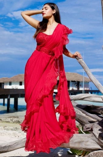 Buy Red Color Ruffle Saree Online on Fresh Look Fashion