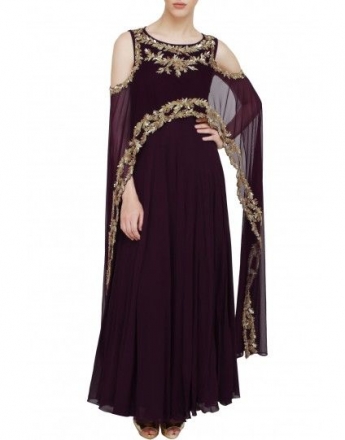 Dark Maroon Color Cape Dress