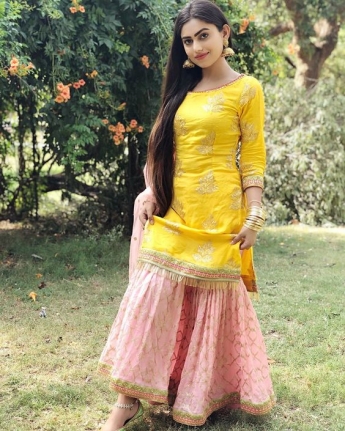 Yellow And Peach Color Sharara Suit