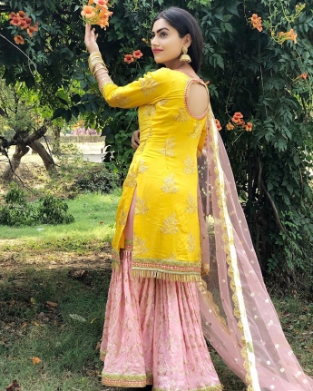 Yellow And Peach Color Sharara Suit