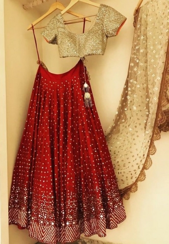 Red And Golden Mirror Work Lehenga