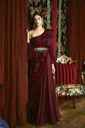 Maroon Color Ruffle Saree