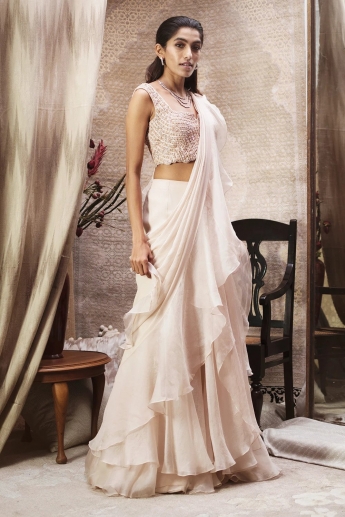 Floral White Color Ruffle Saree