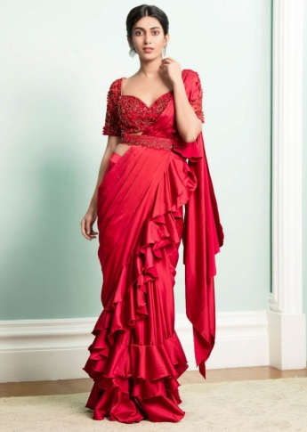 Red Color Ruffle Saree