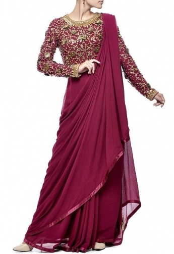RI Ritu Kumar Black & Burgundy Pre-Draped Saree With Stitched Blouse –  Saris and Things