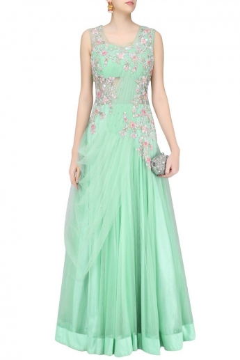 Pastel Green Color Saree Gown