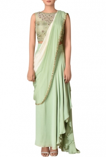 Pastel Green Color Pre-Stitched Ruffle Saree