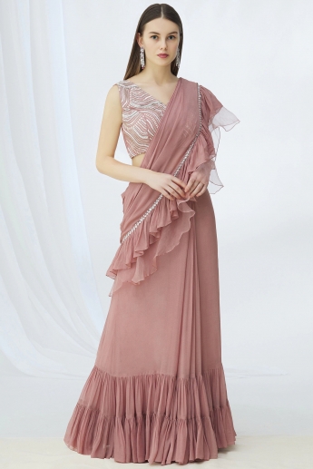 Rosy Brown Color Ruffle Saree