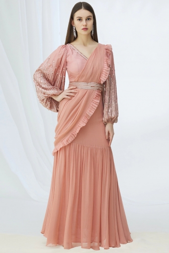 Light Pink Color Stitched Saree Gown