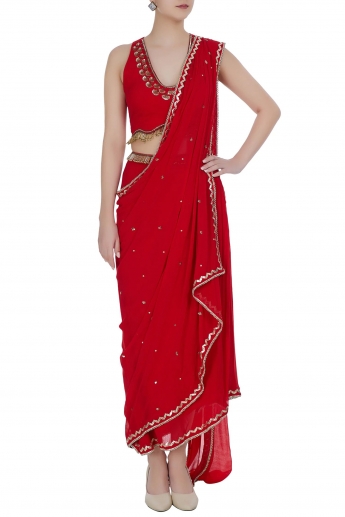 Red Color Pre Stitched Saree