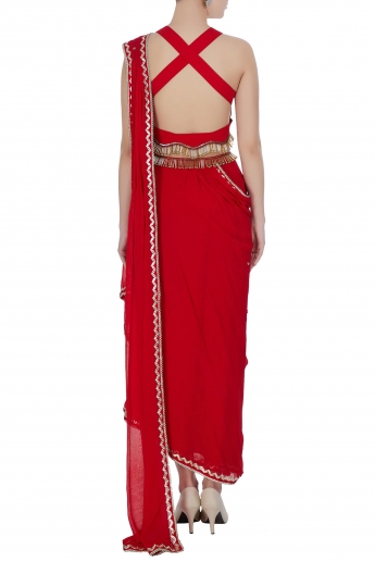 Red Color Pre Stitched Saree