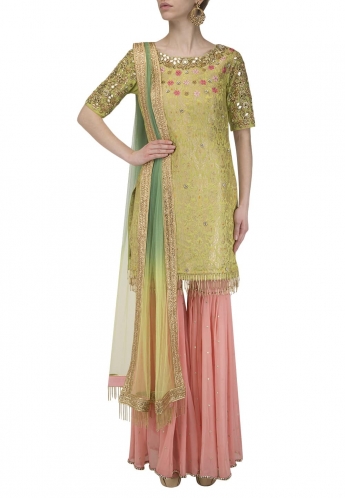 Golden And Peach Color Sharara Suit