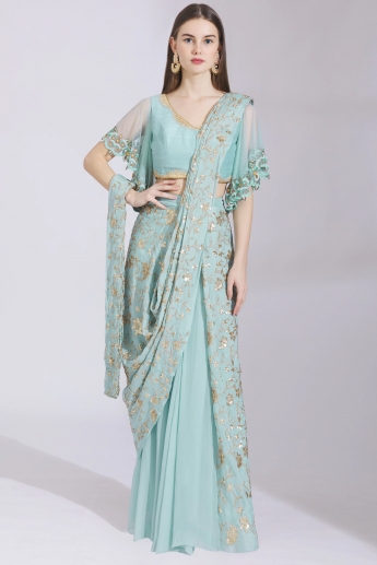 Powder Blue Color Pre Drape Saree