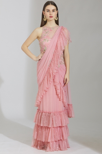 Pink Color Ruffle Saree