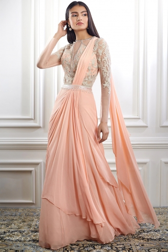 Peach Color Pre Stitched Saree