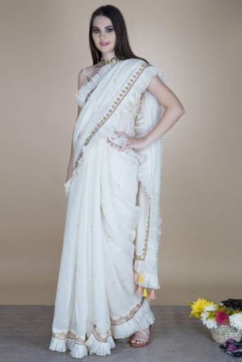 White Color Ruffle Saree