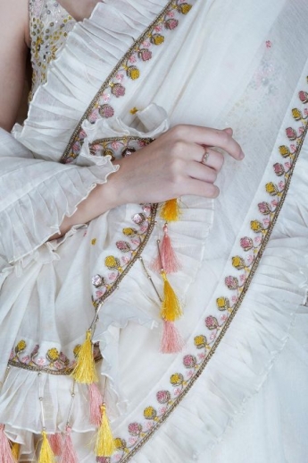 White Color Ruffle Saree