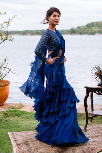 Blue Color Ruffle Saree