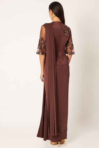 Brown Color Pre Drape Saree Gown