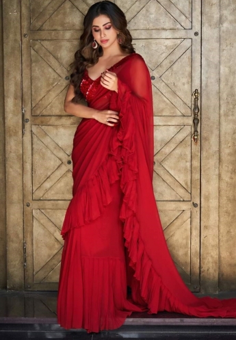 Red Color Ruffle Saree