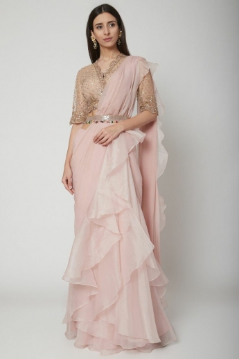 Light Pink Color Ruffle Saree