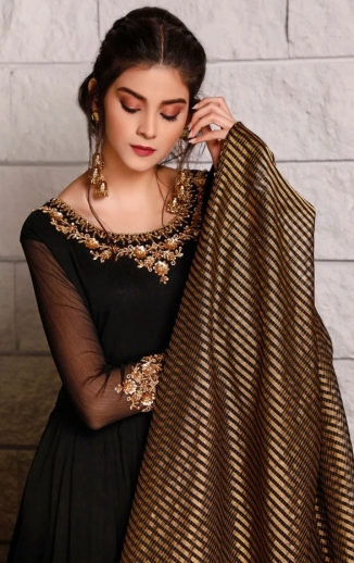 Black And Golden Color Long Dress With Dupatta