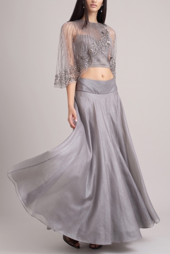 Gray Color Crop Top And Skirt