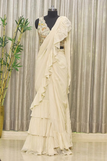 Antique White Ruffle Saree