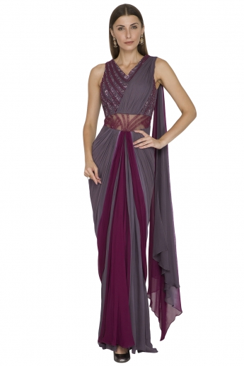 Gray And Maroon Saree Gown