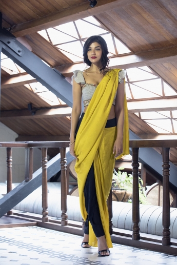 Yellow And Black Dhoti Saree