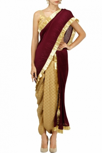 Golden And Maroon Dhoti Saree