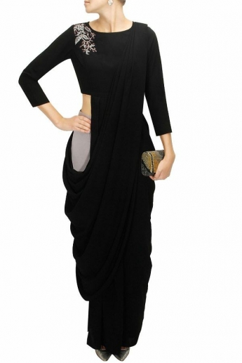 Black And Gray Color Draped Dhoti Saree