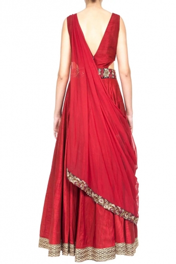 Red Color Pre Draped Saree Gown