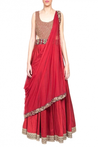 Red Color Pre Draped Saree Gown