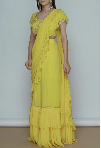 Yellow Color Stitched Ruffle Saree