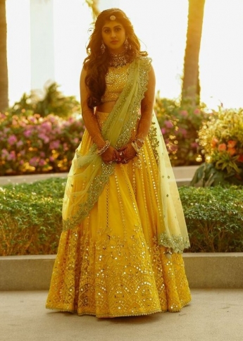 Yellow Color Mirror Work Lehenga