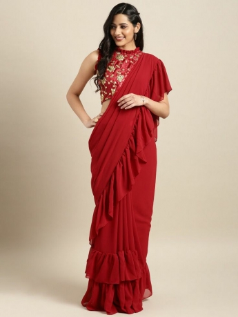 Red Color Ruffle Saree
