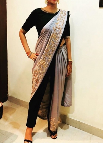 Gray And Black Pant Style Saree